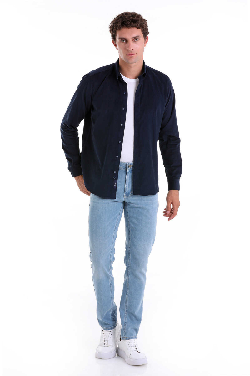 Lacivert Comfort Fit 100% Pamuk Düğmeli Yaka Uzun Kollu Casual Kadife Gömlek - Hatem Saykı (1)