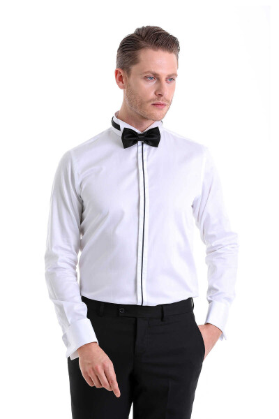 Lacivert Comfort Fit 100% Pamuk Ata Yaka Manşetli Uzun Kol Saten Damatlık Gömlek - 2