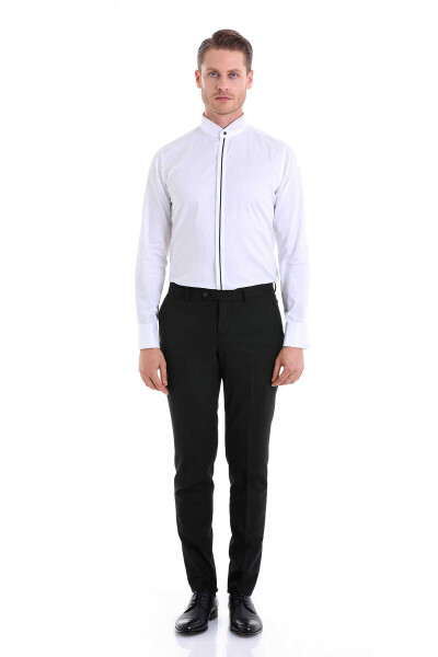 Lacivert Comfort Fit 100% Pamuk Ata Yaka Manşetli Uzun Kol Saten Damatlık Gömlek - 3