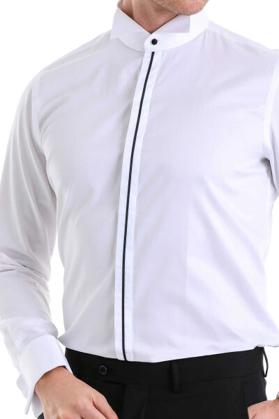 Lacivert Comfort Fit 100% Pamuk Ata Yaka Manşetli Uzun Kol Saten Damatlık Gömlek - 4