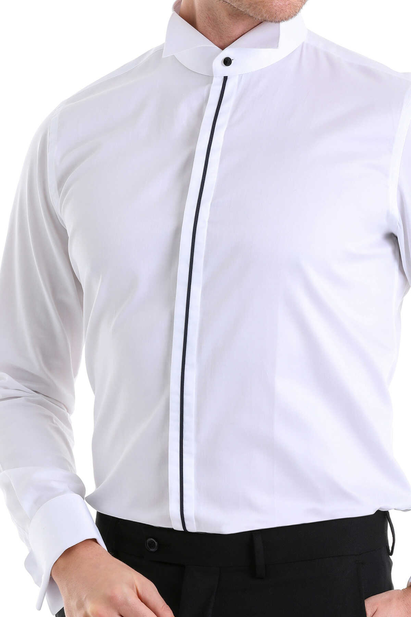 Lacivert Comfort Fit 100% Pamuk Ata Yaka Manşetli Uzun Kol Saten Damatlık Gömlek - Hatem Saykı (1)