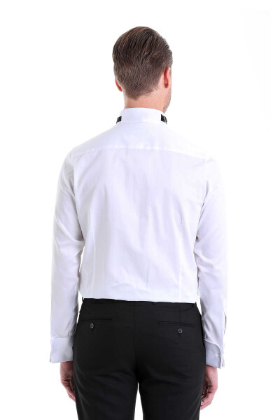 Lacivert Comfort Fit 100% Pamuk Ata Yaka Manşetli Uzun Kol Saten Damatlık Gömlek - 5