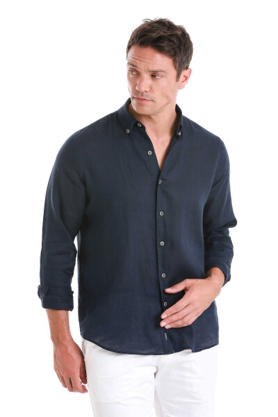 Lacivert Comfort Fit Düğmeli Yaka Uzun Kollu Keten Gömlek - 3