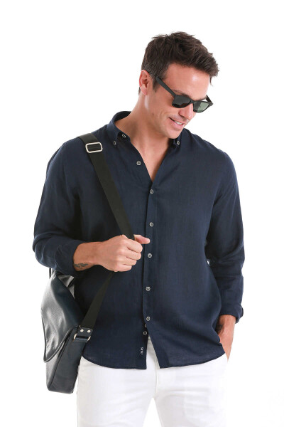 Lacivert Comfort Fit Düğmeli Yaka Uzun Kollu Keten Gömlek - 4