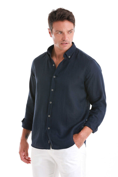 Lacivert Comfort Fit Düğmeli Yaka Uzun Kollu Keten Gömlek - 5