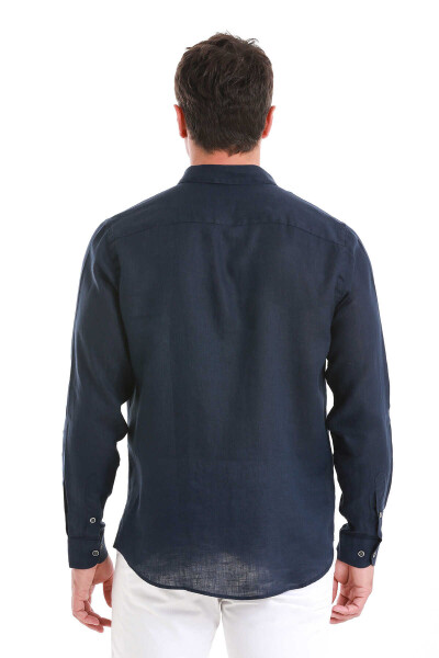 Lacivert Comfort Fit Düğmeli Yaka Uzun Kollu Keten Gömlek - 7