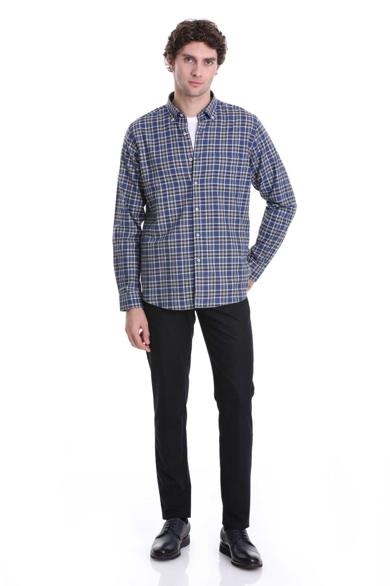 Lacivert Comfort Fit Kareli 100% Pamuklu Düğmeli Yaka Uzun Kollu Casual Gömlek - Hatem Saykı (1)