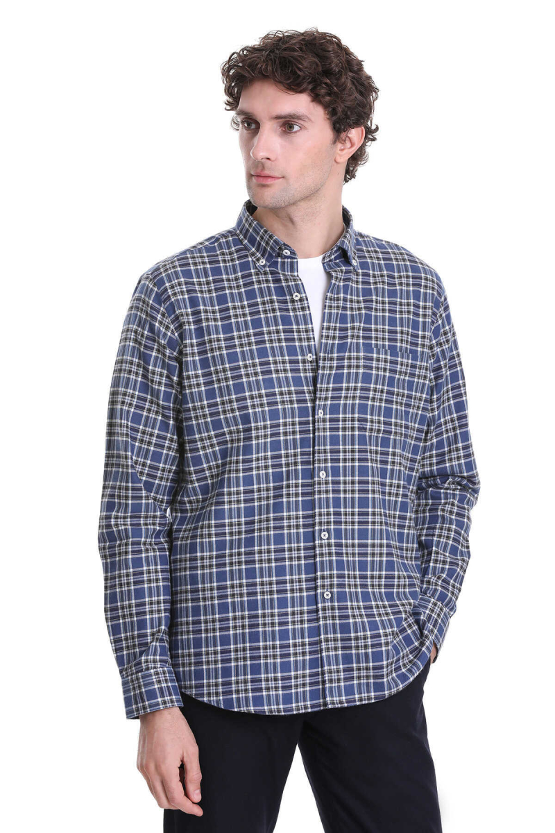 Lacivert Comfort Fit Kareli 100% Pamuklu Düğmeli Yaka Uzun Kollu Casual Gömlek - Hatem Saykı (1)