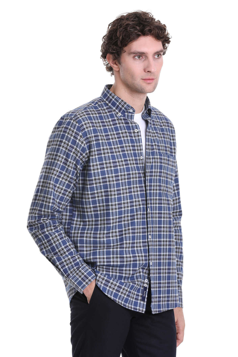 Lacivert Comfort Fit Kareli 100% Pamuklu Düğmeli Yaka Uzun Kollu Casual Gömlek - Hatem Saykı (1)