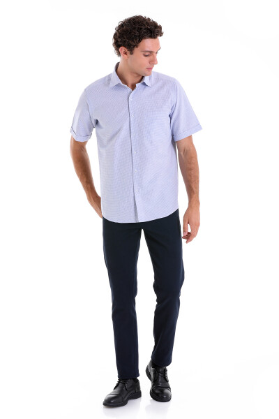 Lacivert Comfort Fit Kareli Pamuklu Slim Yaka Kısa Kol Klasik Gömlek - 6