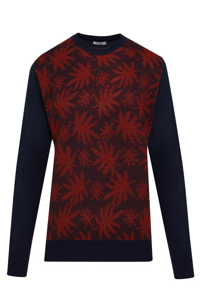 Lacivert Regular Fit Desenli Bisiklet Yaka Yünlü Kazak 