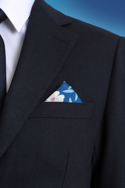 Lacivert Desenli Klasik Saten Cep Mendili - 2