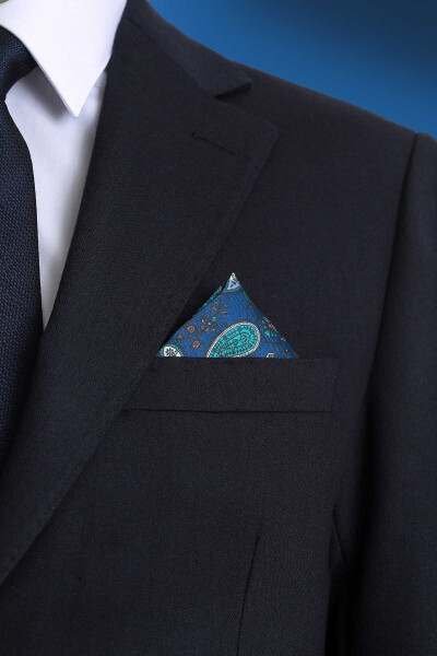 Lacivert Desenli Klasik Saten Cep Mendili - 2