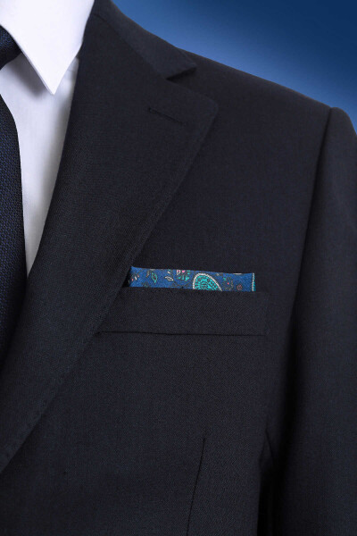 Lacivert Desenli Klasik Saten Cep Mendili - 3