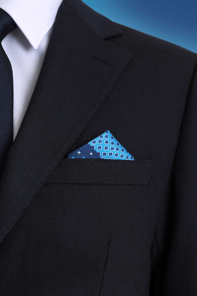 Lacivert Desenli Klasik Saten Cep Mendili - 2