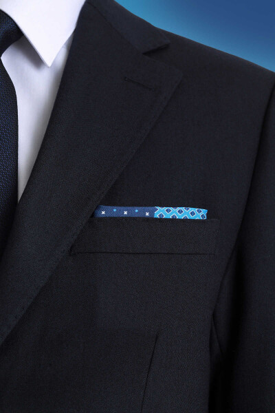 Lacivert Desenli Klasik Saten Cep Mendili - 3