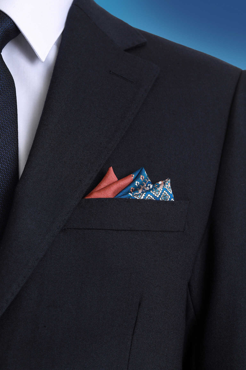 Lacivert Desenli Klasik Saten Cep Mendili - Hatem Saykı