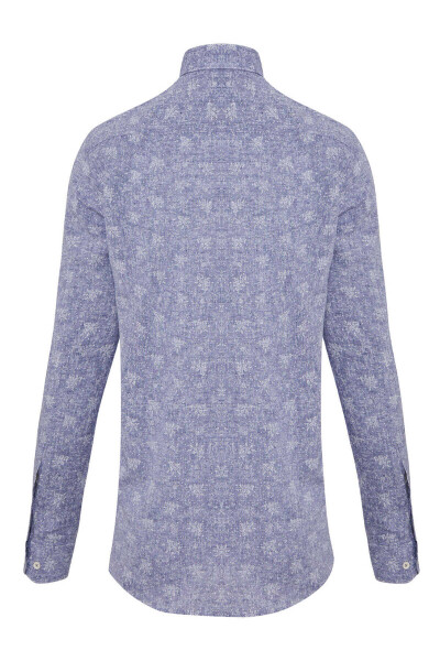 Lacivert Slim Fit Baskılı Düğmeli Yaka Uzun Kollu Casual Keten Gömlek - 2