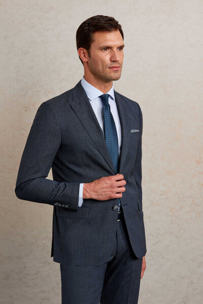 Lacivert Slim Fit Desenli Sivri Yaka Klasik Takım Elbise - 5