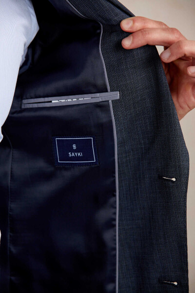 Lacivert Slim Fit Desenli Sivri Yaka Klasik Takım Elbise - 11