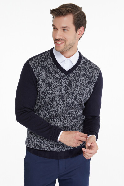 Lacivert Desenli V Yaka Triko Kazak - 9