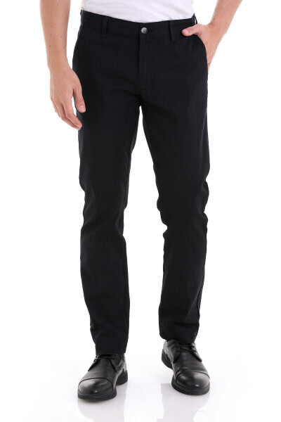 Lacivert Dinamik Fit Desenli Pamuklu Yandan Cep Kanvas Pantolon - 2