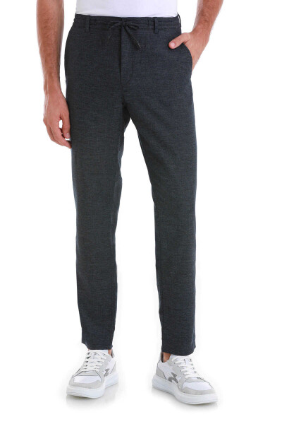 Lacivert Dinamik Fit Düz Yandan Cepli Keten Jogger Pantolon - 2