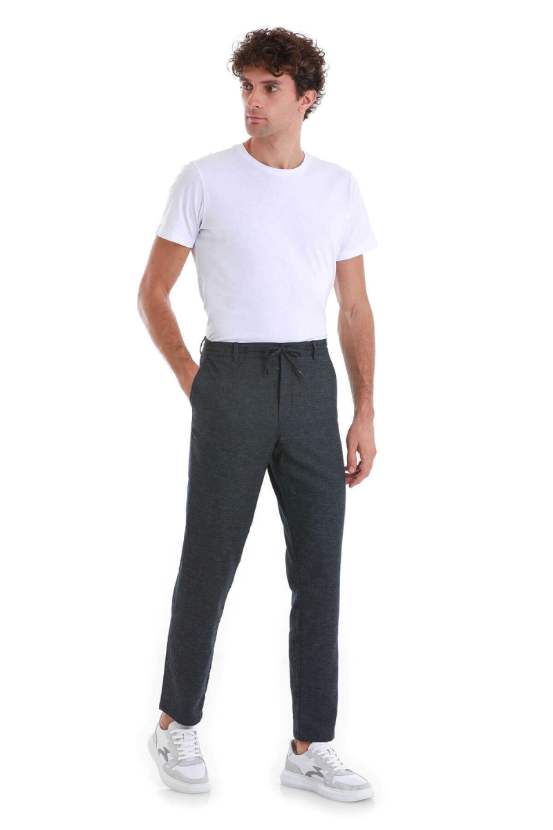 Lacivert Dinamik Fit Düz Yandan Cepli Keten Jogger Pantolon - Hatem Saykı