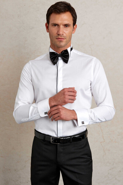 Lacivert Comfort Fit 100% Pamuk Ata Yaka Manşetli Uzun Kol Saten Damatlık Gömlek - 1