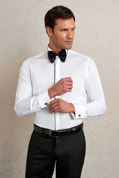 Lacivert Comfort Fit 100% Pamuk Ata Yaka Manşetli Uzun Kol Saten Damatlık Gömlek - 2