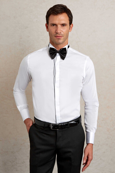 Lacivert Comfort Fit 100% Pamuk Ata Yaka Manşetli Uzun Kol Saten Damatlık Gömlek - 3