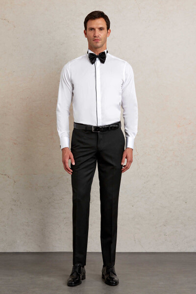 Lacivert Comfort Fit 100% Pamuk Ata Yaka Manşetli Uzun Kol Saten Damatlık Gömlek - 4