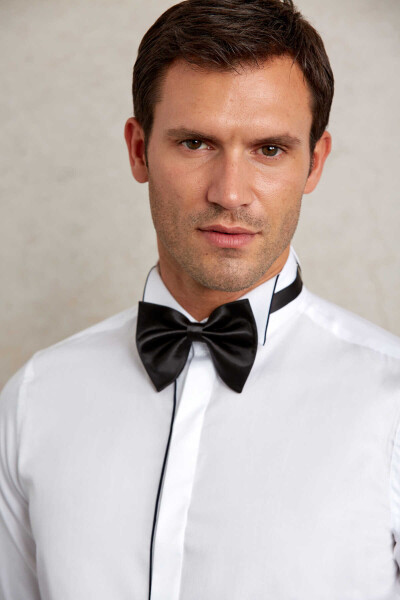 Lacivert Comfort Fit 100% Pamuk Ata Yaka Manşetli Uzun Kol Saten Damatlık Gömlek - 5