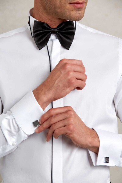 Lacivert Comfort Fit 100% Pamuk Ata Yaka Manşetli Uzun Kol Saten Damatlık Gömlek - 6