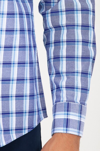 Lacivert Slim Fit Kareli 100% Pamuk Uzun Kol Spor Gömlek - 5
