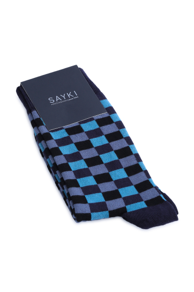 Lacivert Kareli Pamuklu Soket Çorap 