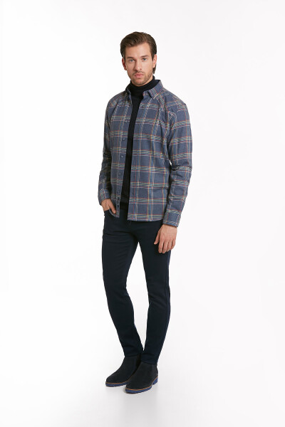 Lacivert Slim Fit Kareli Düğmeli Yaka Uzun Kollu Casual Flanel Gömlek - 2