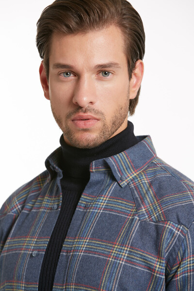 Lacivert Slim Fit Kareli Düğmeli Yaka Uzun Kollu Casual Flanel Gömlek - 3