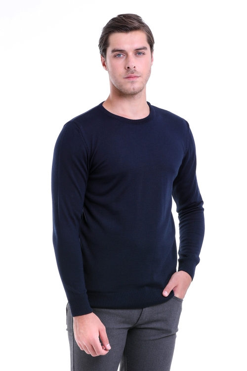 Lacivert Comfort Fit Bisiklet Yaka Yünlü Kazak - Hatemoğlu