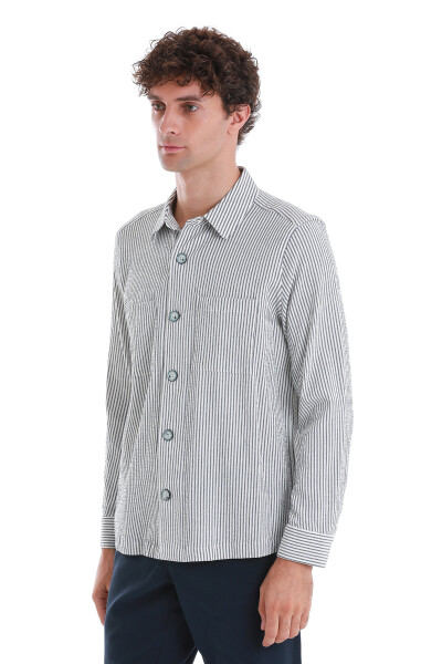 Lacivert Klasik Fit Çizgili Uzun Kollu Overshirt Gömlek - 3