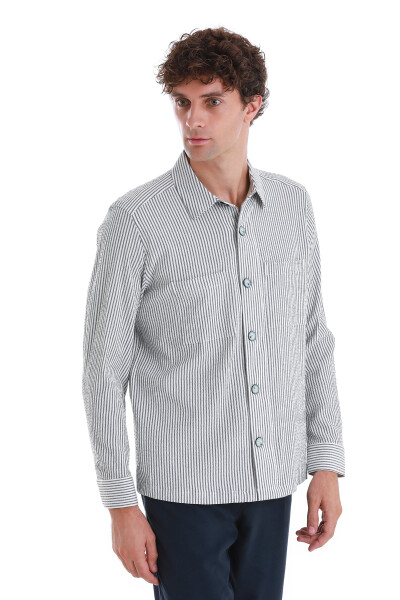 Lacivert Klasik Fit Çizgili Uzun Kollu Overshirt Gömlek - 4