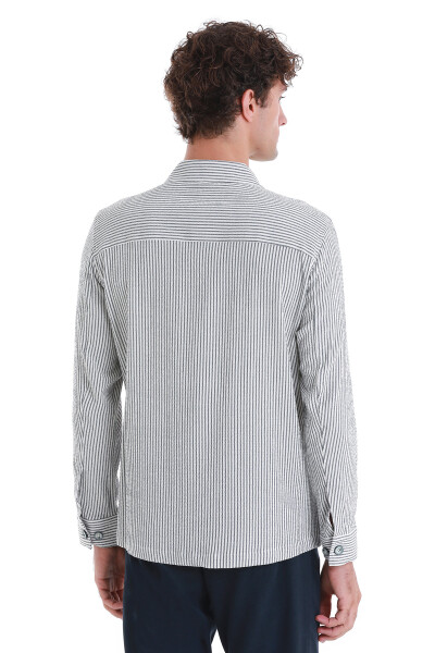 Lacivert Klasik Fit Çizgili Uzun Kollu Overshirt Gömlek - 7