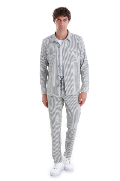 Lacivert Klasik Fit Çizgili Uzun Kollu Overshirt Gömlek - 5