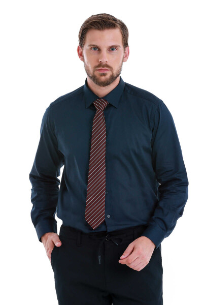 Lacivert Klasik Fit Slim Yaka 100% Pamuk Uzun Kollu Saten Gömlek 