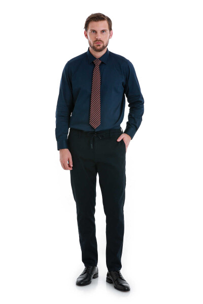 Lacivert Klasik Fit Slim Yaka 100% Pamuk Uzun Kollu Saten Gömlek - 2