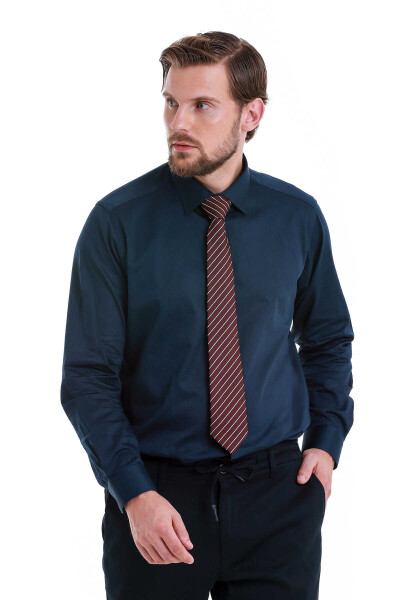 Lacivert Klasik Fit Slim Yaka 100% Pamuk Uzun Kollu Saten Gömlek - 3