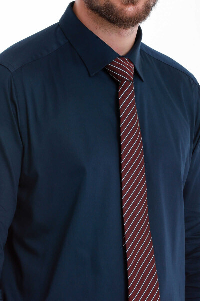 Lacivert Klasik Fit Slim Yaka 100% Pamuk Uzun Kollu Saten Gömlek - 4