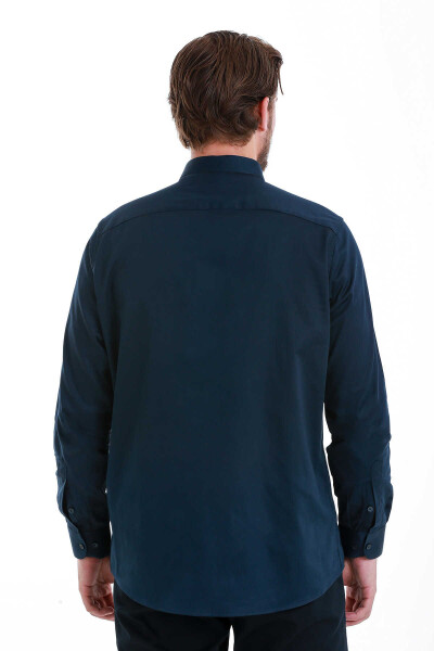 Lacivert Klasik Fit Slim Yaka 100% Pamuk Uzun Kollu Saten Gömlek - 5
