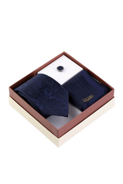 Lacivert Kravat Mendil ve Yaka Rozeti 3'lü Set 