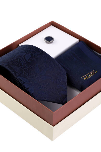 Lacivert Kravat Mendil ve Yaka Rozeti 3'lü Set - 2
